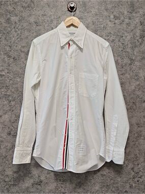 Thom Browne White Button-Down Shirt with Red and Navy Stripe Placket